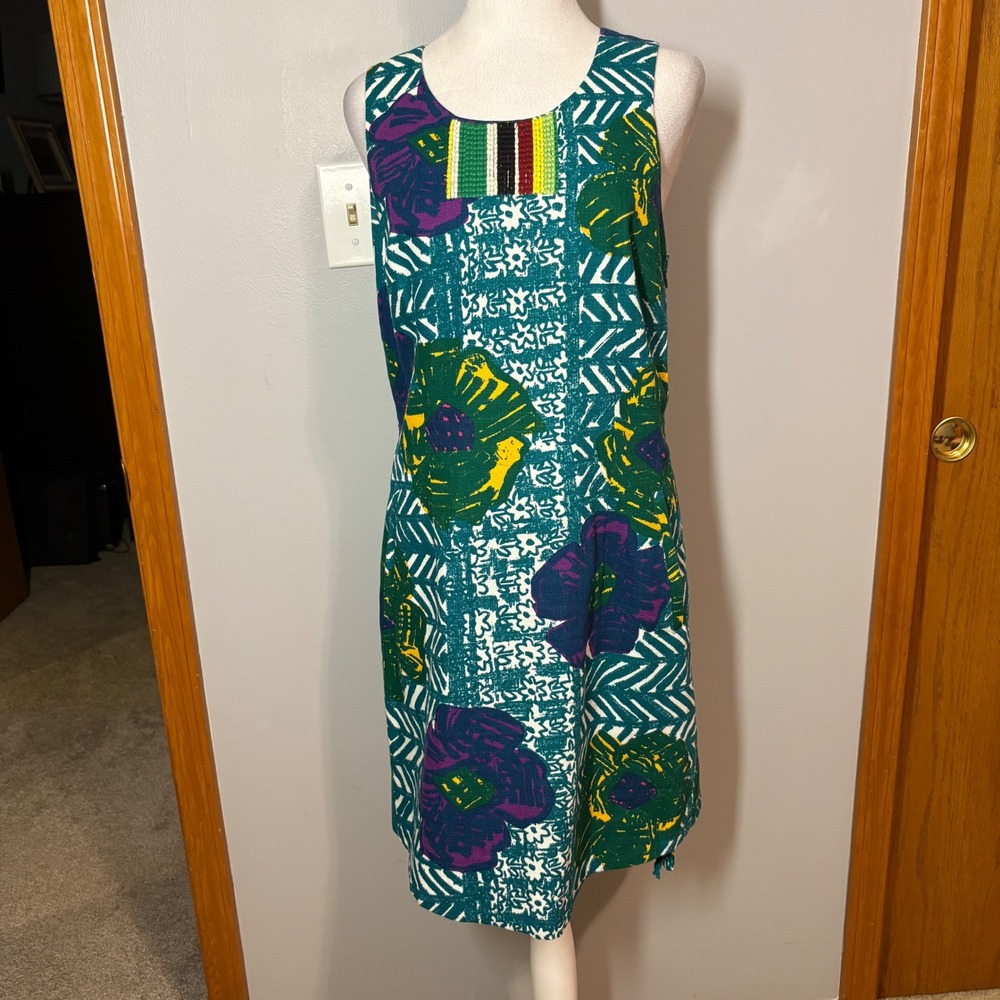 Vanessa Virginia Anthropologie Teal Green Floral Dress Sleeveless funky US‎ 6